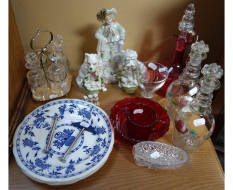 A PAIR OF 19TH CENTURY DECANTERS with painted floral decoration, other 19th Century glassware, decorative ceramics and a crue