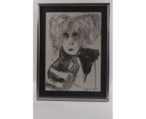 PAT DOUTHWAITE (Scottish 1934-2002) 'Self Portrait' charcoal on paper 1979 signed lower right.L: 30cm approx  H: 42cm approx 