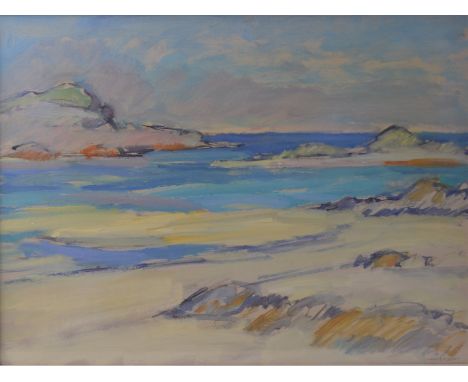 Alan R Anderson Scottish 'Summer morning, Machrins Bay, Colonsay' oil on board. Exhibited September 1999 studied Glasgow Scho