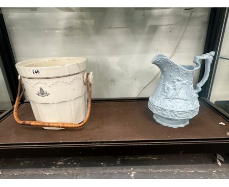 A BIRMINGHAM GRAND HOTEL SLOP BUCKET TOGETHER WITH A RIDGWAY KNIGHTS TOURNAMENT BLUE STONEWARE JUG