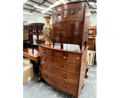 A 19th C. BOWFRONT FIVE DRAWER CHEST, TOGETHER WITH A COMMODE CABINET (2)