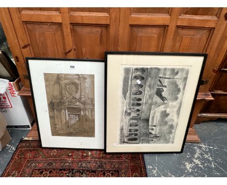 EDWARD ARDIZONE A PENCIL SIGNED LIMITED EDITION PRINT OF CHARTER HOUSE SCHOOL. 40 x 56cms TOGETHER WITH A CHALK DRAWING OF A 
