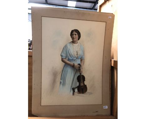 A LARGE MOUNTED BUT UNFRAMED HAND TINTED PHOTOGRAPHIC REPRODUCTION OF A LADY HOLDING A VIOLIN BY STILIARD AND COMPANY.