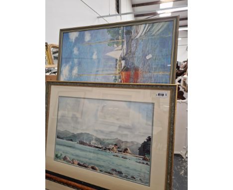 ALAN COLLINS TANKER WHARF PORT HOWARD WATERCOLOUR ALONG WITH A FRAMED MONET PRINT (2)
