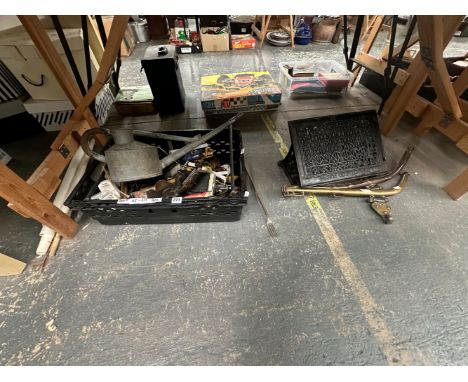 AN IRON LECTERN, BRASS HAMES, A WATERING CAN AND VARIOUS TOOLS