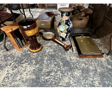 THREE EASTERN TRAYS, A BAROMETER, A PLATTER AND STAND, A LARGE VASE, A COLLECTION OF MUSIC CDS AND STAND.
