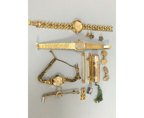 THREE LADIES WATCHES, SEKONDA, LIMIT AND TIMEX, VARIOUS BAR BROOCHES CUFFLINK'S AND A SEWING KIT CAPSULE TYPE THIMBLE.