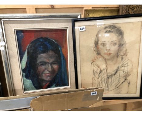 A CHARCOAL AND PENCIL SKETCH PORTRAIT OF A WOMAN TOGETHER WITH OIL ON CANVAS PORTRAIT OF A WOMAN IN A VEIL (2)