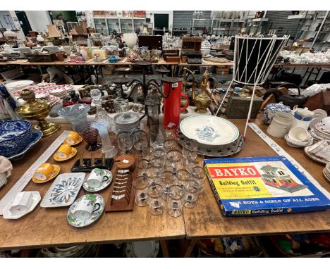 DRINKING GLASS, COFFEE CANS, A 1950S WIRE WORK PLANTER STAND, A POOLE DISH, A BAYKO BUILDING SET, ETC.