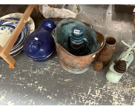 PLATTERS, A CHICKEN COOKER, A COPPER COAL SCUTTLE, AN OIL LANTERN, KITCHEN SCALES, ETC.