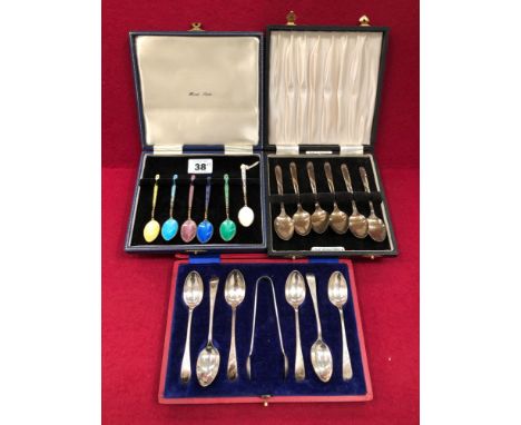 THREE HALLMARKED SILVER CASED CUTLERY SETS TO INCLUDE A HARLEQUIN ENAMEL AND GILDED SET OF COFFEE SPOON, SIGNED BOX HARRODS L