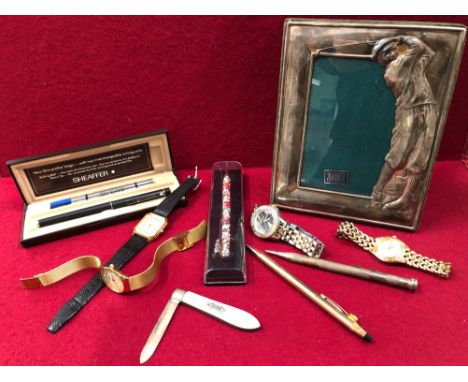 A HALLMARKED SILVER GOLFING PHOTO FRAME, A GOLD FILLED CROSS PEN. SHEAFFER PEN, A LIFE LONG SILVER PENCIL, FRUIT KNOFE, FOUR 