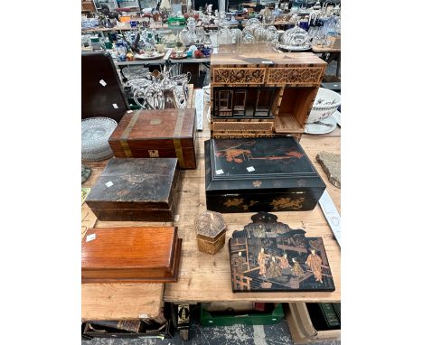 A JAPANESE PARQUETRY JEWELLERY CABINET FOUR VARIOUS BOXES, A STRAW WORK TEA CADDY AND A FRENCH JAPONAISERIE LETTER RACK