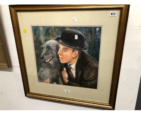 A WATERCOLOUR AND GOUACHE PORTRAIT OF A MAN AND A DOG.