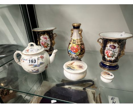 TWO ROYAL WORCESTER POTS WITH PAINTED LIDS, A TEA POT AND THREE FLOWER PAINTED VASES