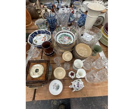 DENBY BREAKFAST WARES, DRINKING GLASS, GLASS AND WEDGWOOD VASES, AN ANEROID BAROMETER, A MODERN CANTON BOWL, ETC.