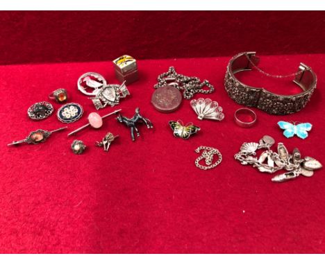 A NORWEIGIAN SILVER AND ENAMEL BUTTERFLY BROOCH, AND ONE OTHER, A MICRO MOSAIC BROOCH, A CONTINENTAL SILVER ANTIQUE LOCKET AN