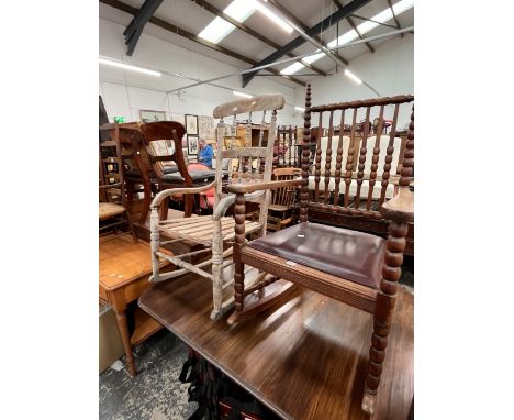 A EDWARDIAN WALNUT BOBBIN TURNED ROCKING ARMCHAIR, TOGETHER WITH ANOTHER COUNTY MADE ROCKER (2)