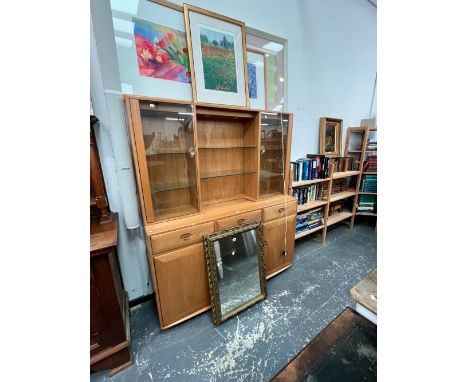 A ERCOL ELM SIDE CABINET WITH GLAZED UPPER SECTION. W 156 D 46 H 185 cm