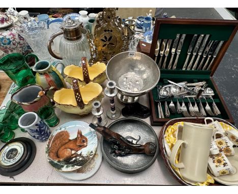 A CANTEEN OF ELECTROPLATE CUTLERY, GREEN DRINKING GLASS, A PALISSY COFFEE SET, PEWTER BOWLS, AN ANEROID BAROMETER, ETC