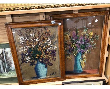 TWO NEEDLEWORK FRAMED PICTURES TOGETHER WITH A CHARCOAL PORTRAIT AND VARIOUS FRAMED AND UNFRAMED ANTIQUE STYLE MAPS (8)