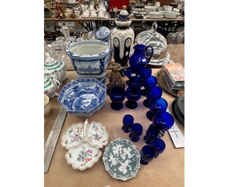 BLUE DRINKING GLASS, AN AUSTRIAN AND ANOTHER VASE, A CHINESE BLUE AND WHITE PLANTER, A CROWN DRESDEN TREFOIL DISH, ETC.