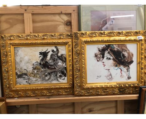 20TH CENTURY FRAMED MIDDLE EASTERN PAINTING ON CERAMIC  PORTRAIT OF A WOMAN AND A WAGON AND HORSE