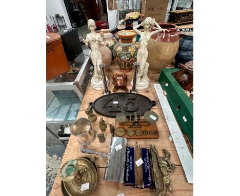 LETTER SCALES AND WEIGHTS, AN IRON 45 INSCRIBED RAILWAY PLATE, A BRASS CHAMBERSTICK, TWO FIGURES OF LADIES, ETC.