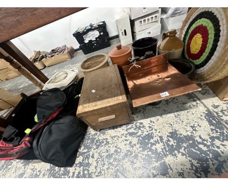 COPPER SCALES AND WEIGHTS, FLAGON'S, A WHICKER TARGET, PLANTERS, A CHILLTERN ARCHERY MERLIN BOW, ELC WATER TOY, A SLIPPER BED