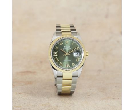 Rolex. A stainless steel and 18K gold automatic calendar bracelet watch with diamond set olive dialModel: Datejust 36Referenc
