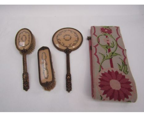 A tapestry bell pull and two bedroom toiletry dressing table brushes and mirror with tapestry style backing 