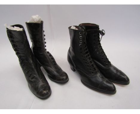 Two pairs of Victorian black leather ankle boots comprising lace-ups with stacked heel and button side fastening 