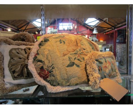 Six country house tapestry and linen cushions in various sizes and designs all with a plush fringe edge 