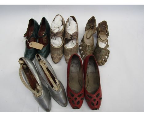 Five pairs of early 20th Century ladies' shoes, comprising a pair of silver leather court shoes by retailer Bourne &amp; Holl