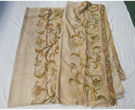 Various country house tapestry remnants and two fine linen textiles with an embroidered wool crewelwork border, some age fadi