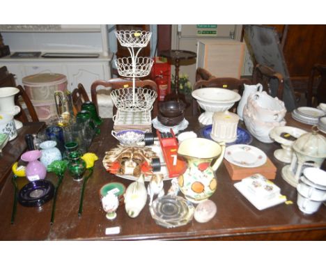 An Art Deco design baluster jug; various decorative china; wire work fruit stand; plated ware etc