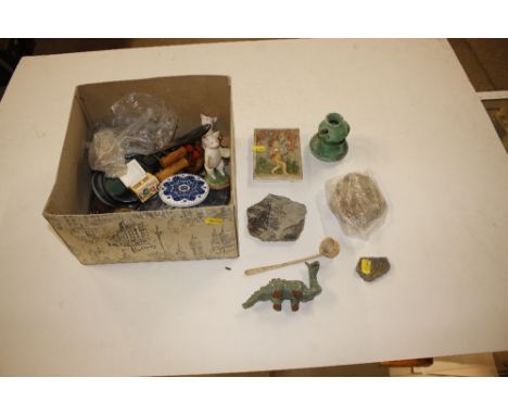 A box of miscellaneous items to include a plaster tile; a faux ivory Persian style box; napkin rings; magnifying glass etc