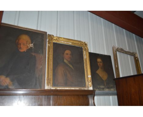 19th Century school, two portrait studies, unsigned oils on canvas in need of restoration, and associated gilt frames; and a 