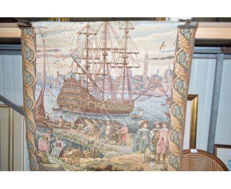 A Brussels tapestry design wall hanging of a harbour scene