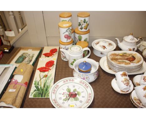 A quantity of Portmeirion storage jars, clock, chamber pot etc.