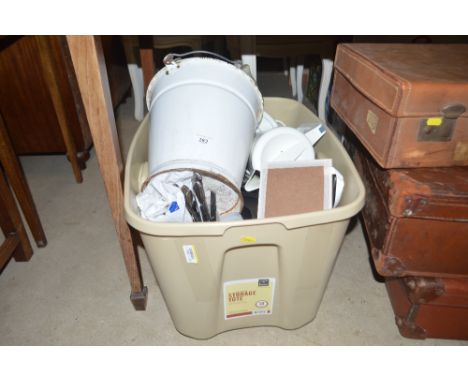 A plastic storage crate and contents of various kitchenalia; enamel pale etc