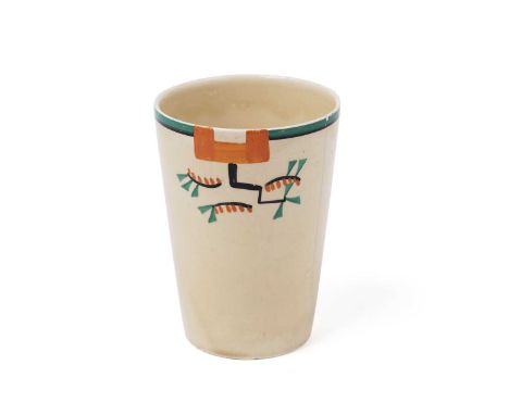 A Clarice Cliff Bizarre ‘Ravel’ pattern beaker, circa 1929, decorated with cubist flowers in orange, jade, and black, 11.3cms