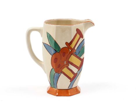 A Clarice Cliff ‘Bobbins’ pattern octagonal Athens jug, circa early-mid 1930s, decorated with red and yellow bobbins, and sty