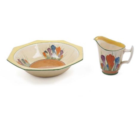 A Clarice Cliff Crocus pattern cream jug, printed and script marks including 'Crocus' in green, Newport Pottery, 10.5cms; and