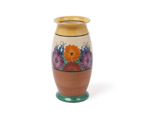 A Clarice Cliff Bizarre ‘Gayday’ pattern vase, circa 1930-34, decorated with flowers and sprays in yellow, blue, orange, purp