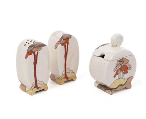 A Clarice Cliff ‘Coral Firs’ pattern condiment set, decorated with fir trees, maker’s marks to base, 7cms high. (3)