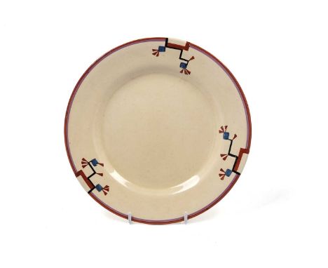 A Clarice Cliff Fantasque ‘Ravel’ pattern dinner plate, circa 1929, decorated with cubist flowers in red and blue, maker’s ma