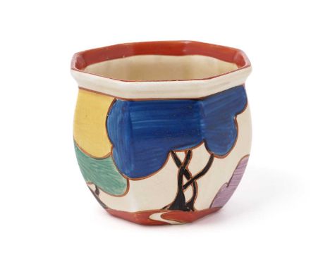 A Clarice Cliff Fantasque ‘Autumn’ pattern fern pot, circa early 1930s, decorated with stylised trees and a cottage in the ba