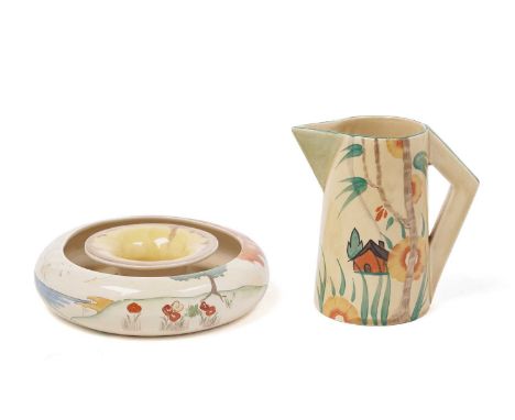 A Clarice Cliff ‘Taormina’ pattern posy ring vase, circa mid/late 1930s, with maker's mark to underside, 18cms wide overall; 