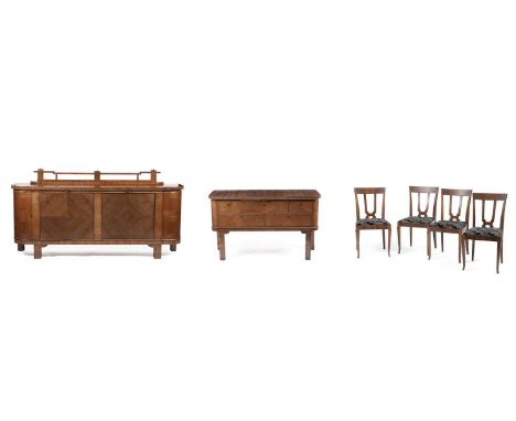 A WK Deutsch Mobel part Art Deco Walnut Dining Suite, comprising: a sideboard, with rectangular top with moulded edges to the